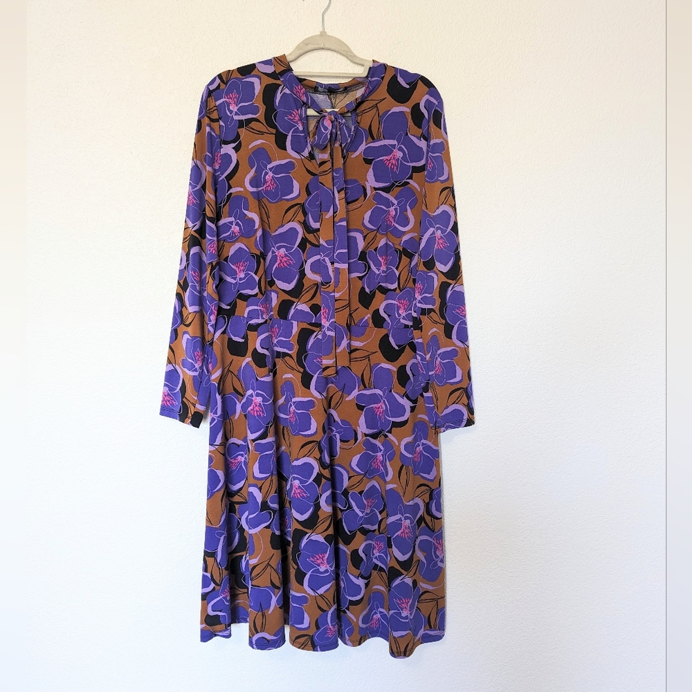 Eloquii Purple Floral 70s Style Midi Fit Flair Neck Tie Long Sleeve Dress 16